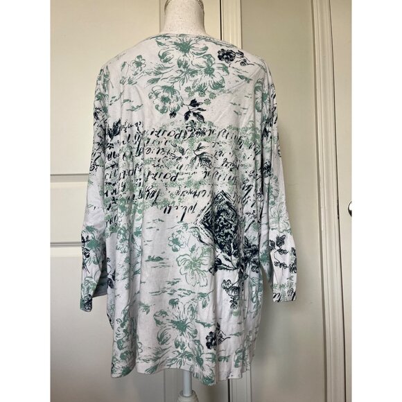 ALC Floral Text Script Top Size 3X Light Green Silver Black 100% Cotton Romantic - Picture 2 of 8